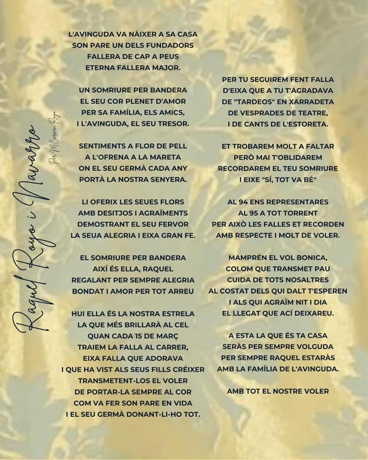 Poema dedicado a Raquel Royo en la Cruz de Mayo de Avinguda