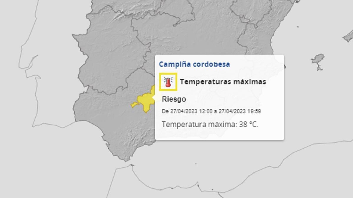 Mapa de la Aemet, este jueves, con el aviso amarillo por altas temperaturas.