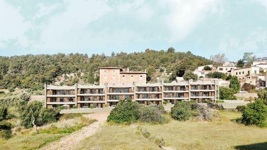 Im Hintergrund das Gutshaus Can Mas. Im Vordergrund eine Rekonstruktion der geplanten Apartments.