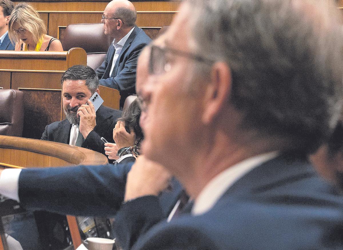 El líder de Vox habla por teléfono en un pleno del Congreso. En primer plano, Alberto Núñez Feijóo en su escaño.