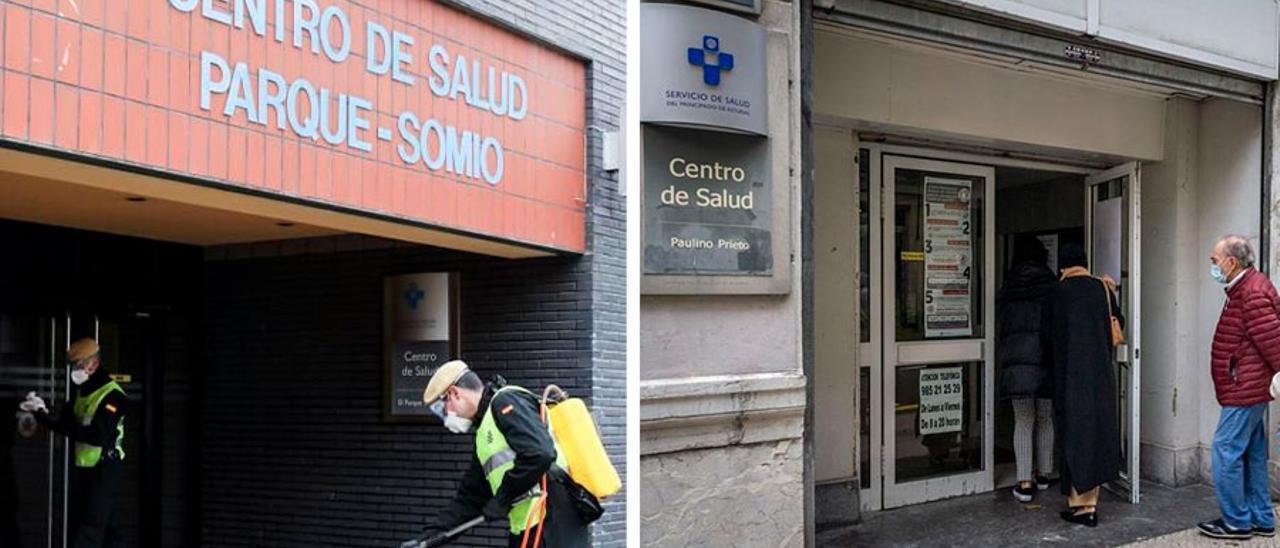 Los centros de salud Parque-Somió, de Gijón, y Paulino Prieto, de Oviedo, en dos imágenes de archivo. | LNE