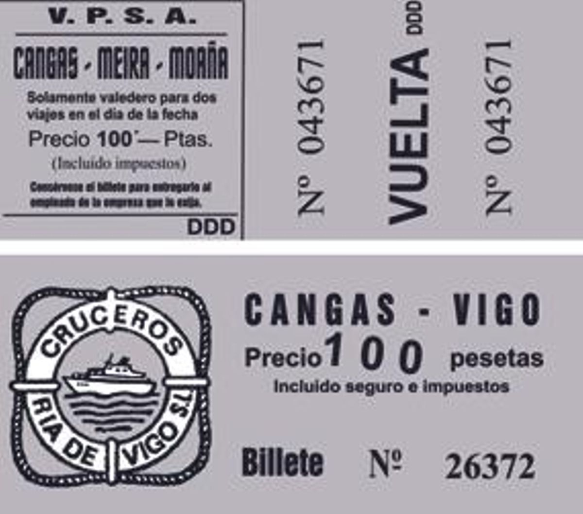 Billetes do transporte de ría da época.