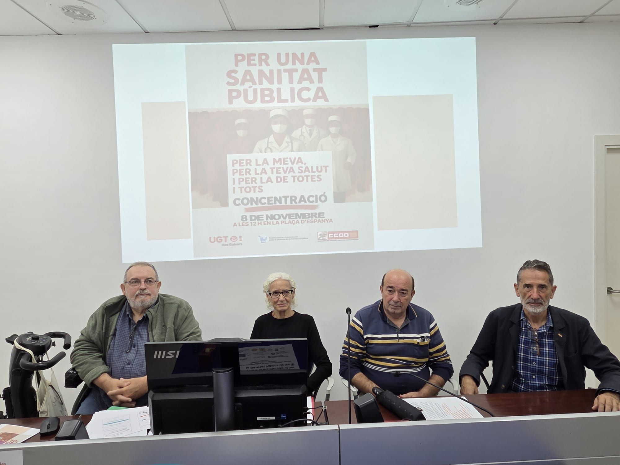 Quico Puigventós, Maria Isabel Coma, Antonio Picazo y Miguel Reyero en la rueda de prensa de la Plataforma Ciudadana por la Sanidad Pública de Baleares.