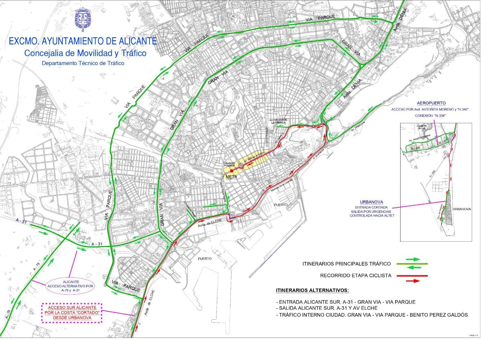 Plano del recorrido, con las vías afectadas por cortes de tráfico