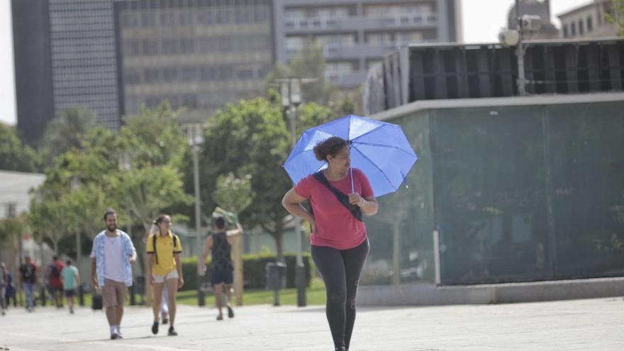 Una mujer se protege del Sol en el Parc de las Estacions de Palma. | MANU MIELNIEZUK