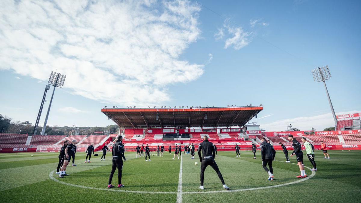 Una imatge de l’entrenament del Girona ahir a l’estadi de de Montilivi. | NURI MARGUÍ/GIRONA FC