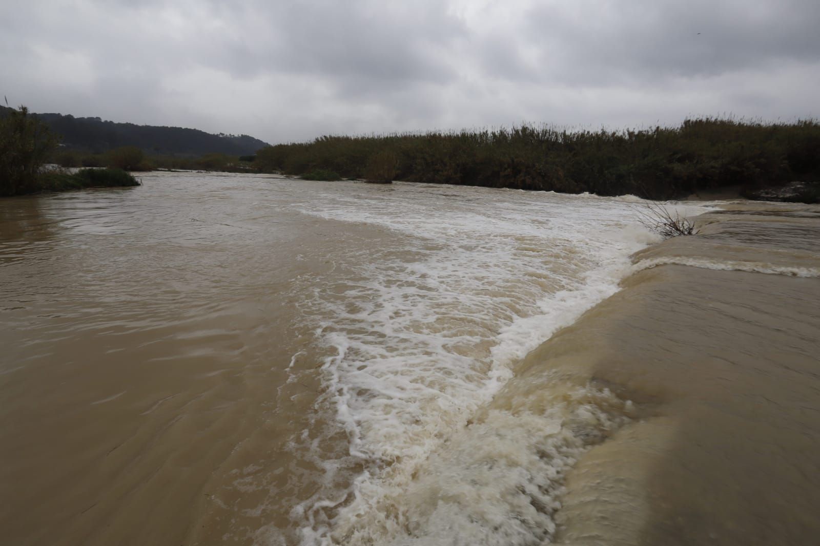 El río Albaida a su paso por la localidad de Manuel tras las últimas lluvias