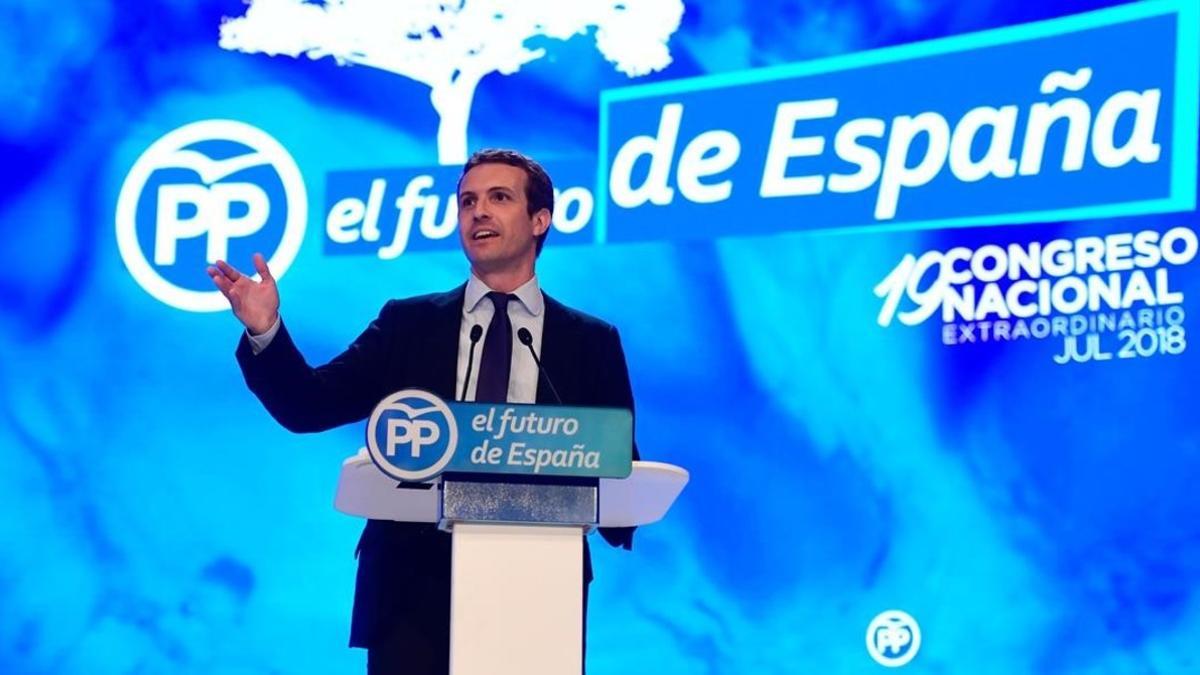 Pablo Casado, durante su discurso para defender su proyecto antes de que voten los compromisarios del PP