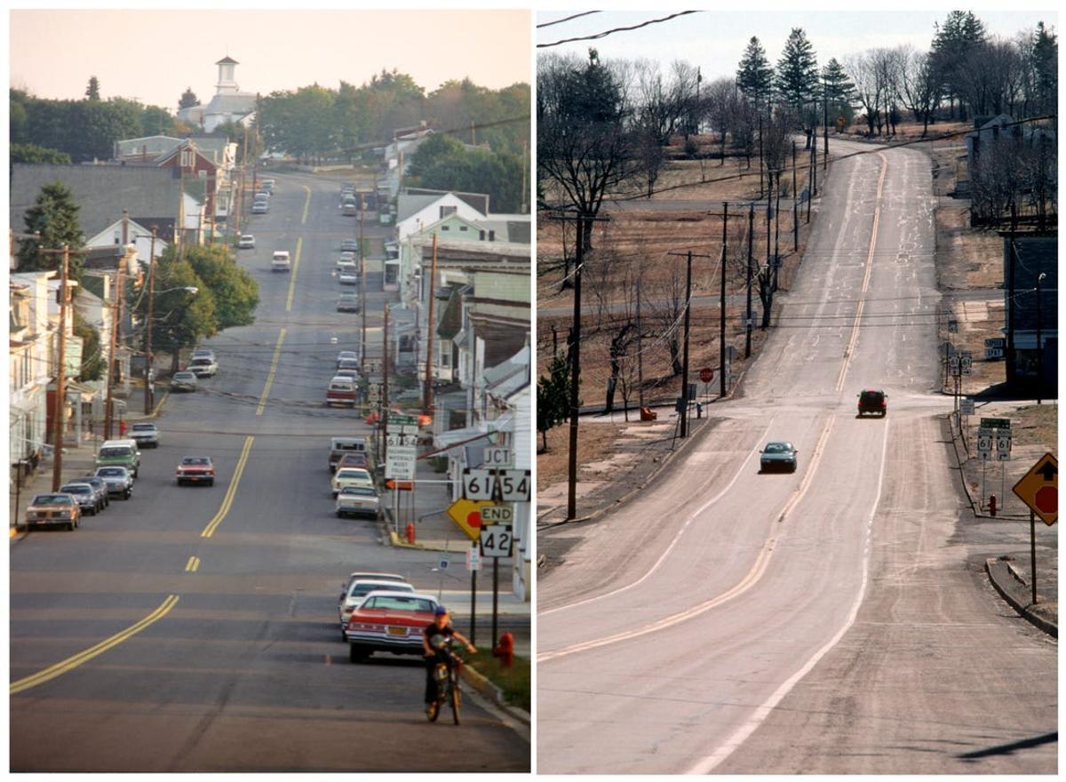 El pueblo, antes y después del desalojo y derribo de las casas