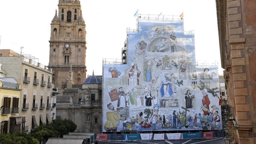 Una nueva lona cubre la Catedral de Murcia: quién es quién en la gigante viñeta