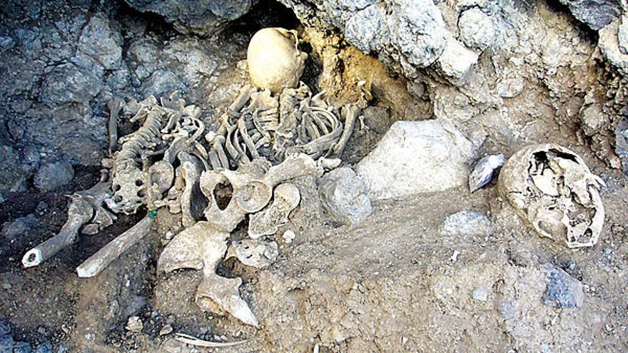 Algunos de los restos óseos encontrados en la cueva sepulcral de Barranco Hondo.