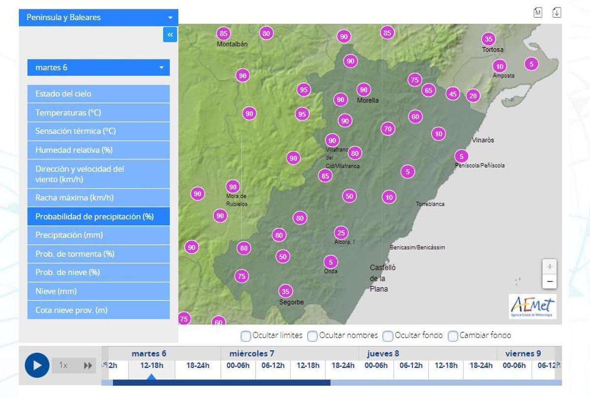 Probabilidad de lluvia el jueves en Castellón entre las 12.00 y las 18.00 horas.