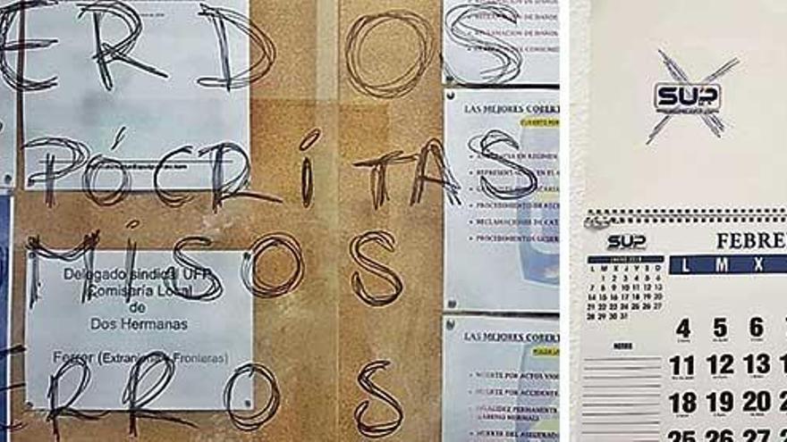 Insultos contra los sindicatos policiales en el cristal de un tablÃ³n en la PenÃ­nsula. A la derecha, calendario con el logotipo del SUP tachado en la Jefatura de Balears.