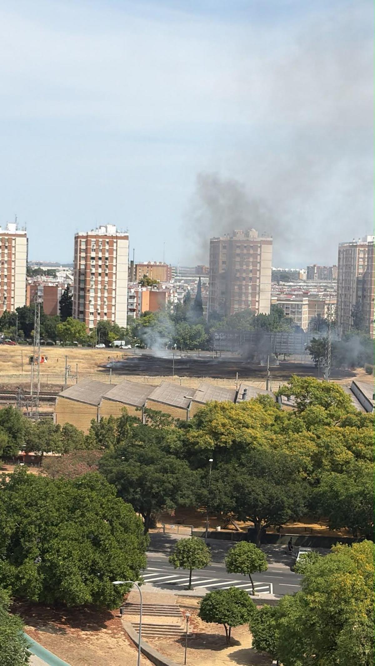Imagen del incendio en la zona en terrenos aledaños a las vías del tren.