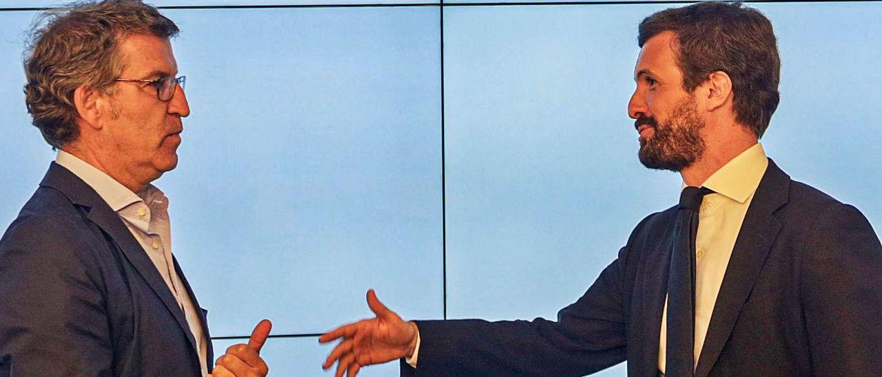 Casado extiende la mano a Feijóo en una reunión de la cúpula estatal del PP en Génova 13. | // EFE / R. RUBIO