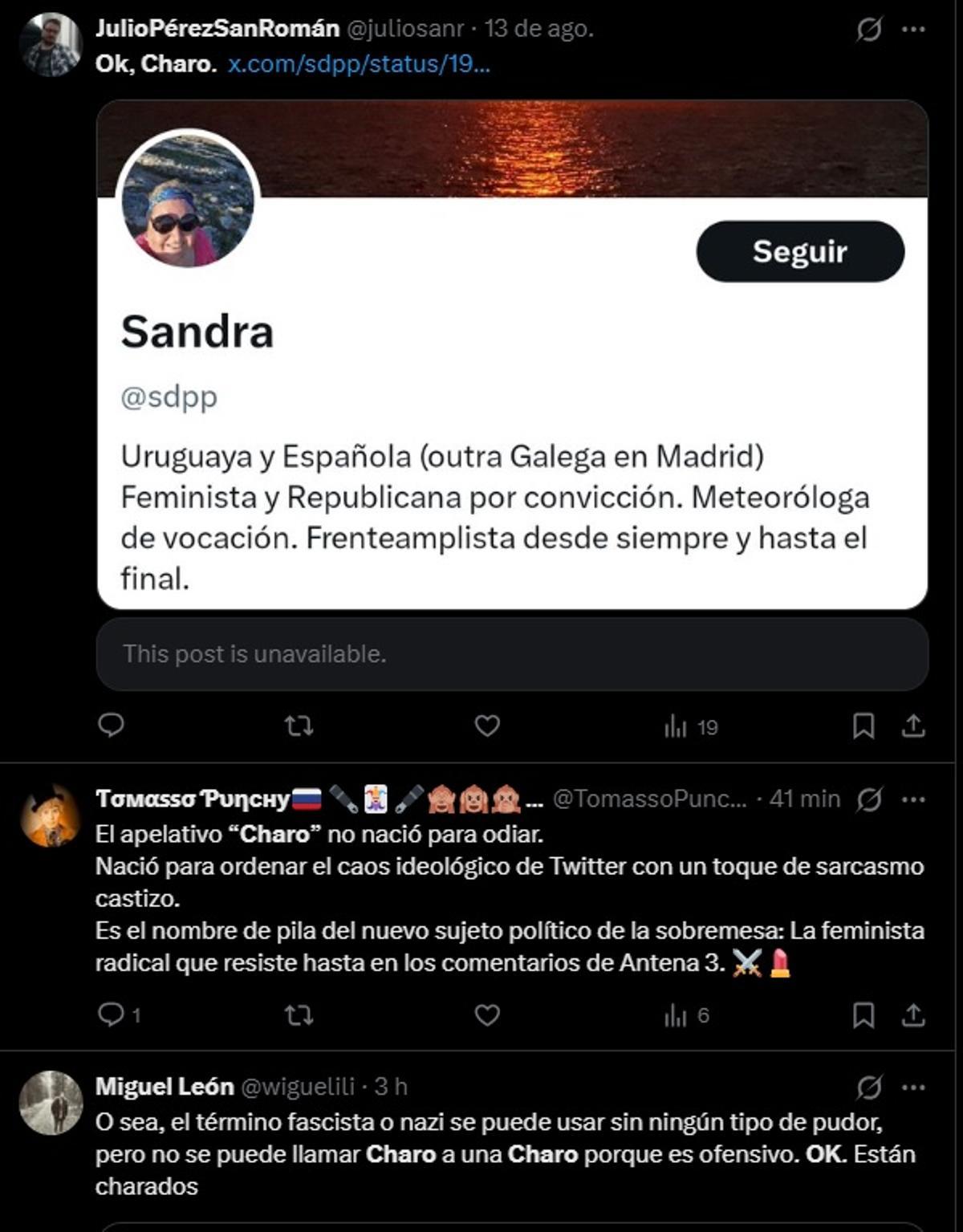 Captura de pantallas en Twitter usando el término Charo despectivamente.