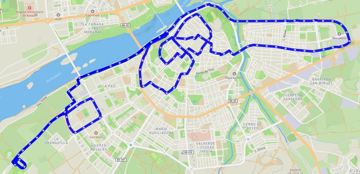 Mapa del recorrido del 10 Medio Maraton 'Ciudad de Badajoz'