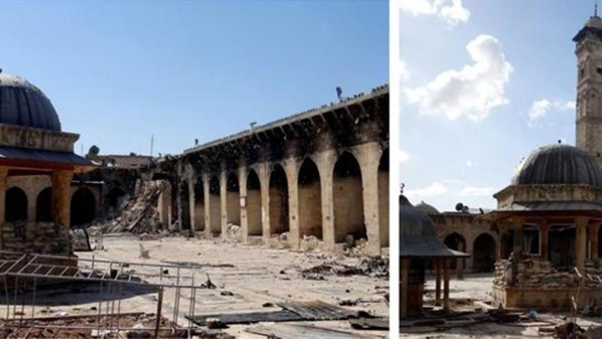 Combo de imágenes de la Gran Mezquita Olmeya de Alepo, con y sin minarete, antes y después del bombardeo de este miércoles.
