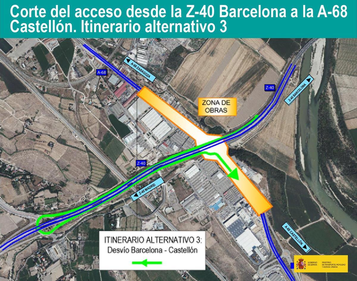 Corte del acceso desde la Z-40 Barcelona a la A-68 Castellón. Itinerario alternativo 3.