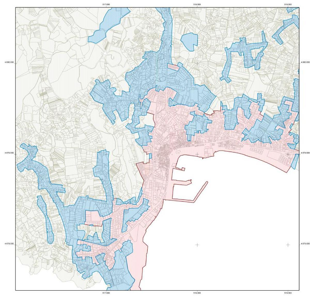 Plano que recoge en color azul algunas de las nuevas zonas que deberán abonar el IBI urbano en Cangas.