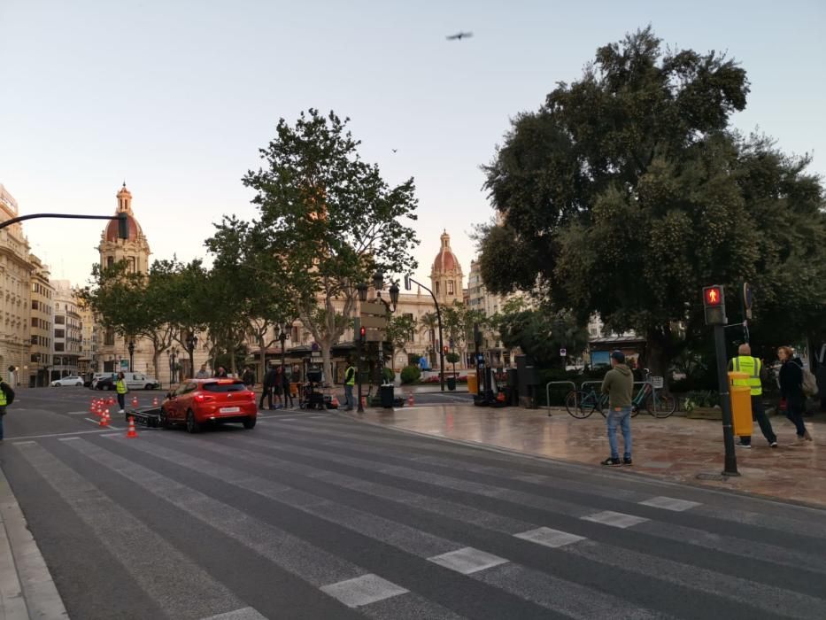 Rodaje de un spot publicitario en la plaza del Ayuntamiento de València