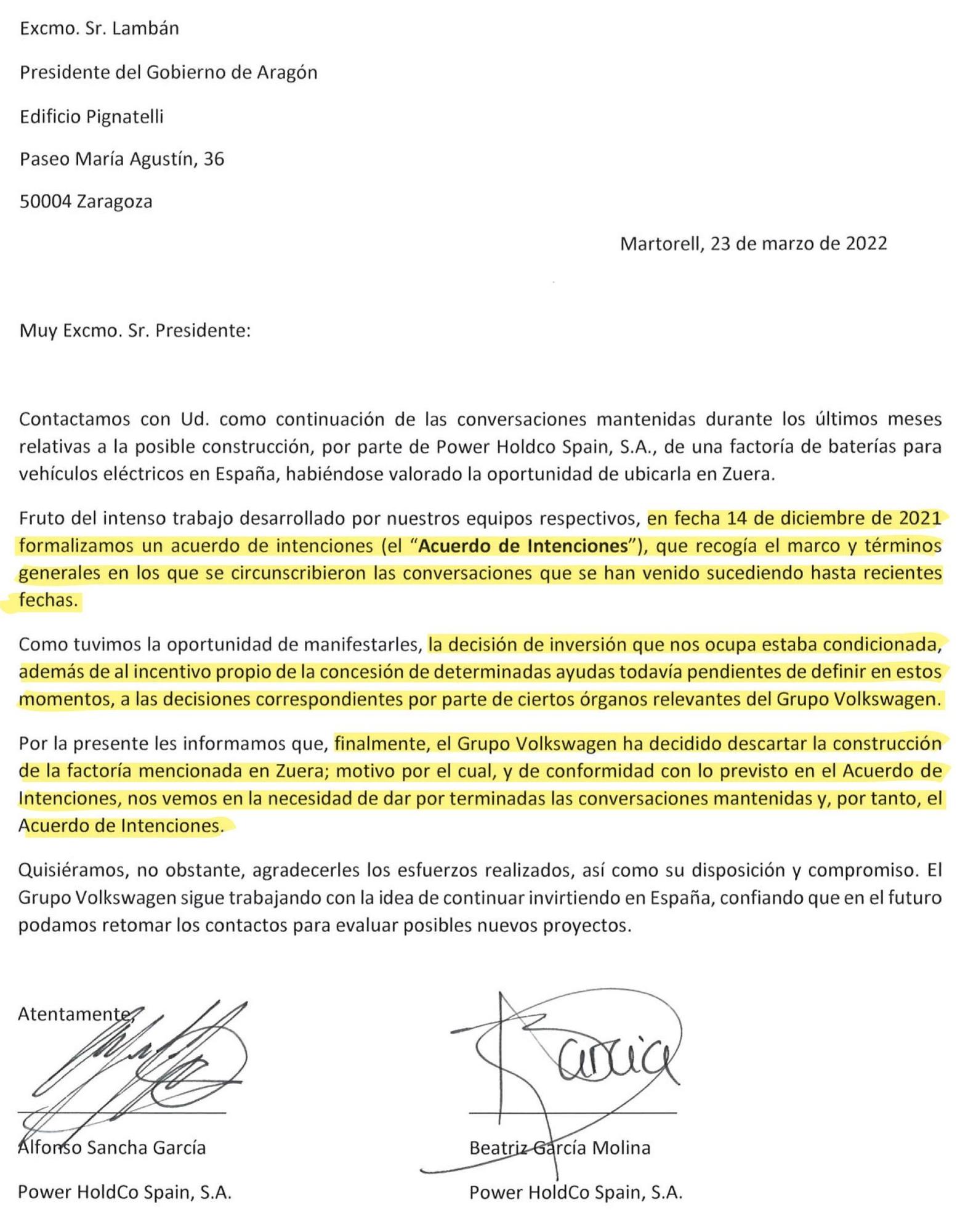 La compañía envió una carta al presidente de Aragón, Javier Lambán