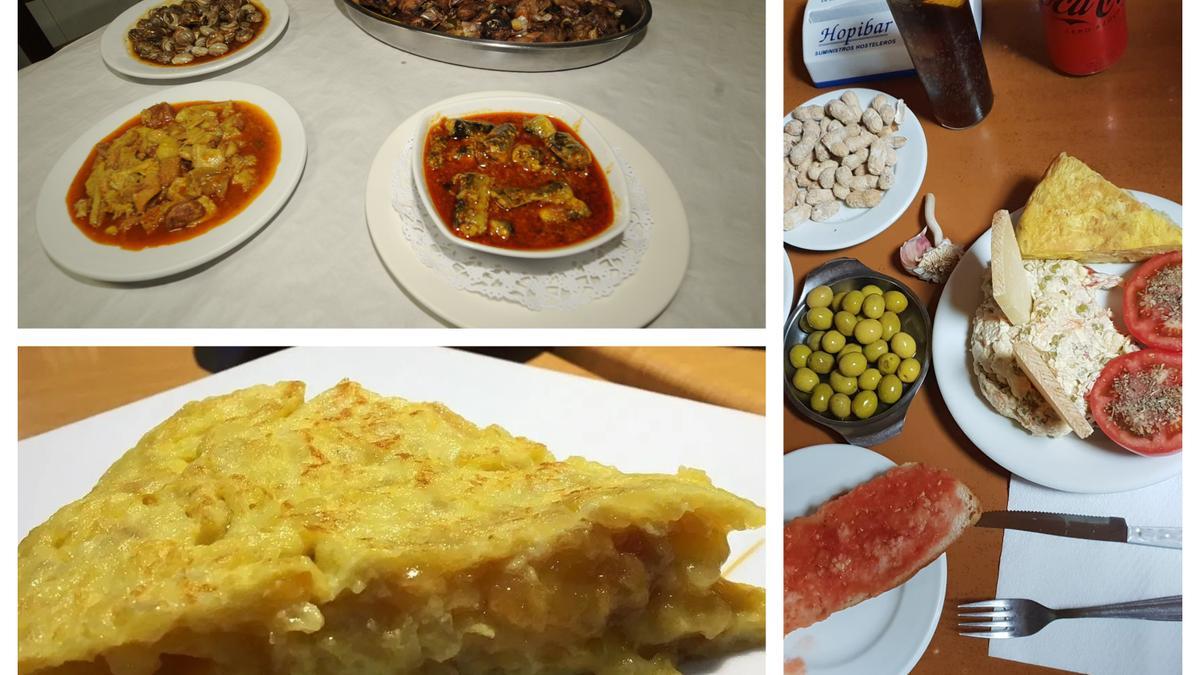 El Perrico, con su conejo al ajillo, anguila, caracoles o callos, uno de los clásicos, arriba a la izquierda. Debajo, la célebre tortilla del Aljaro y a la derecha, las copiosas raciones de Les Cholines.