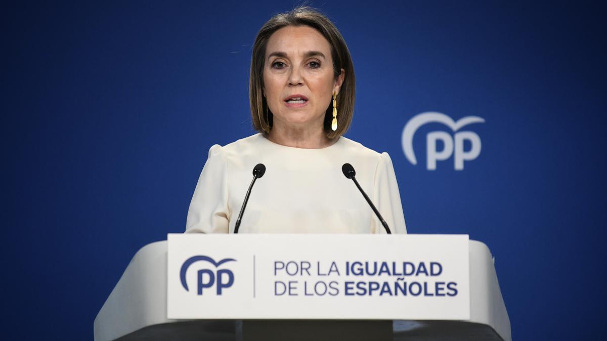 La secretaria general del PP, Cuca Gamarra, durante una rueda de prensa sobre asuntos de actualidad política en el 20 aniversario del 11-M.