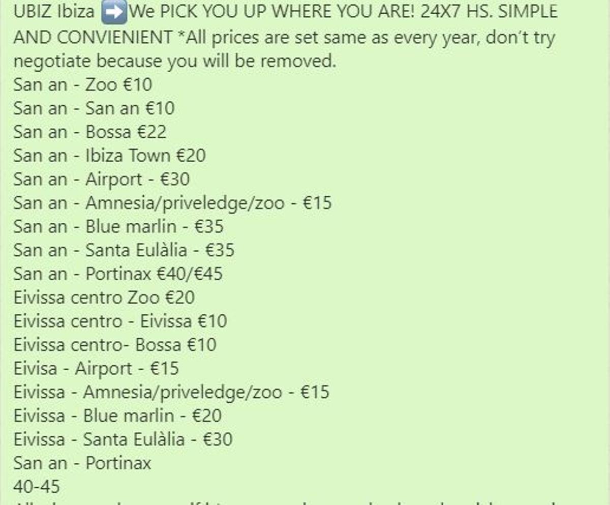 Imagen de las tarifas de Ubiz del verano pasado.