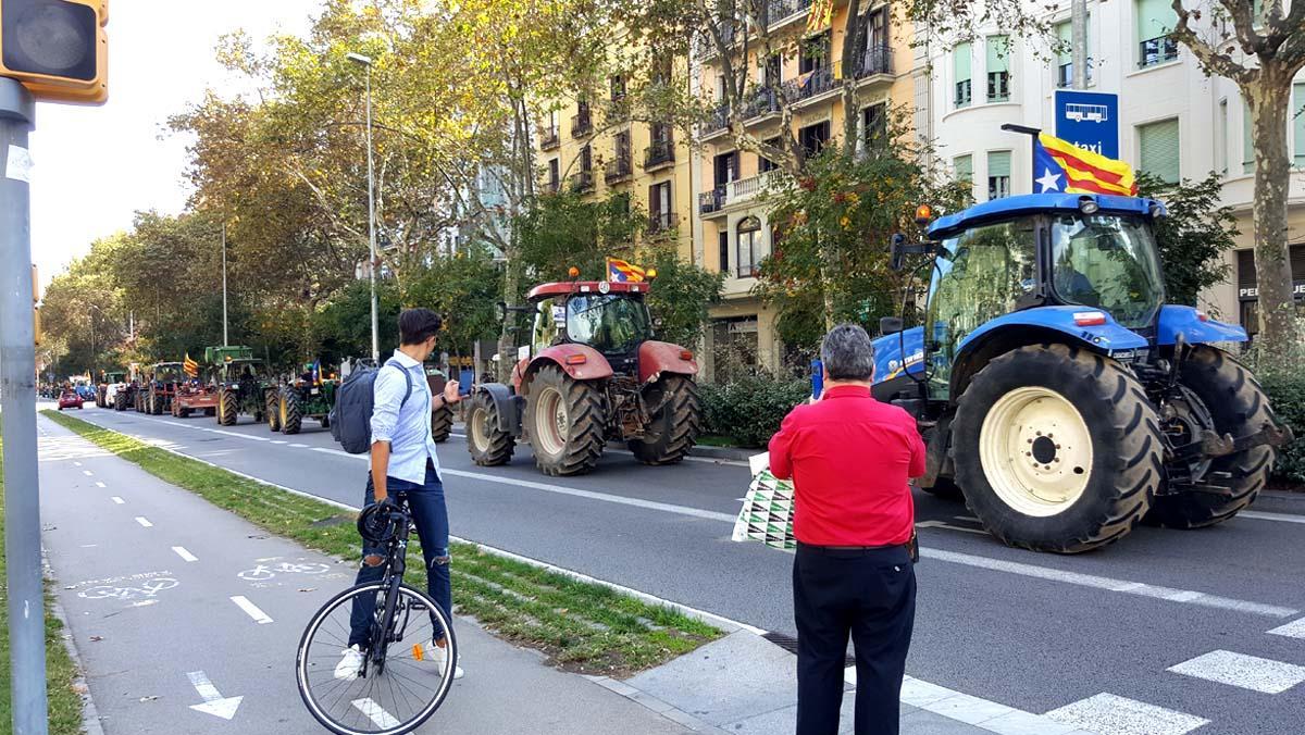 Desenes de tractors han arribat aquest dimarts a Barcelona per participar en la concentració convocada per l’ANC i Òmnium Cultural en suport a la declaració que realitzarà Puigdemont al Parlament. Els tractors han sigut convocats pels sindicats Unió de Pagesos i JARC.