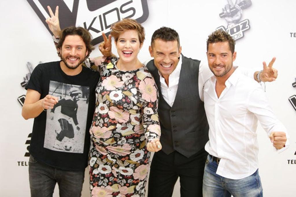 Manu Carrasco, Tania Llasera, Jesús Vázquez y David Bisbal en la presentación de la segunda temporada de 'La Voz Kids'