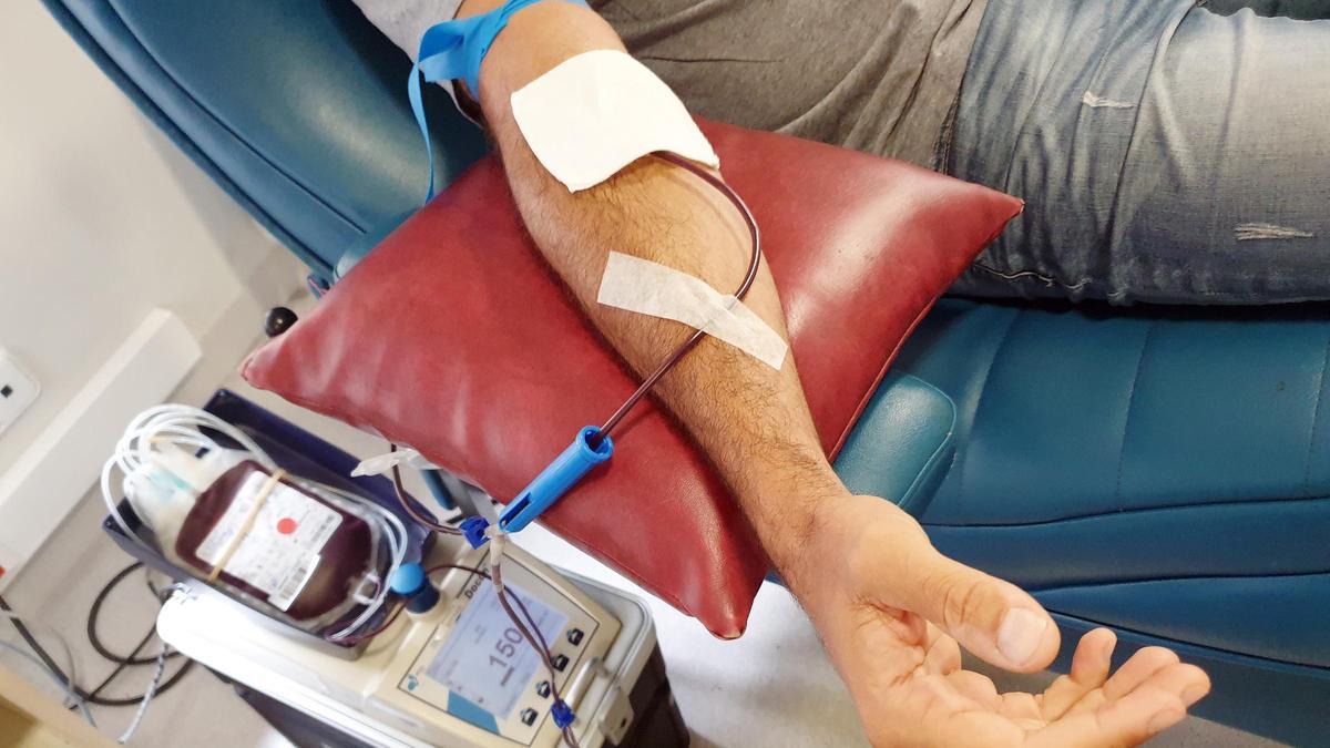 Una persona dona sangre.