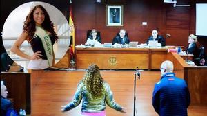 Los acusados durante el juicio y, en el círculo, Priscila Guevara en México con la banda de miss