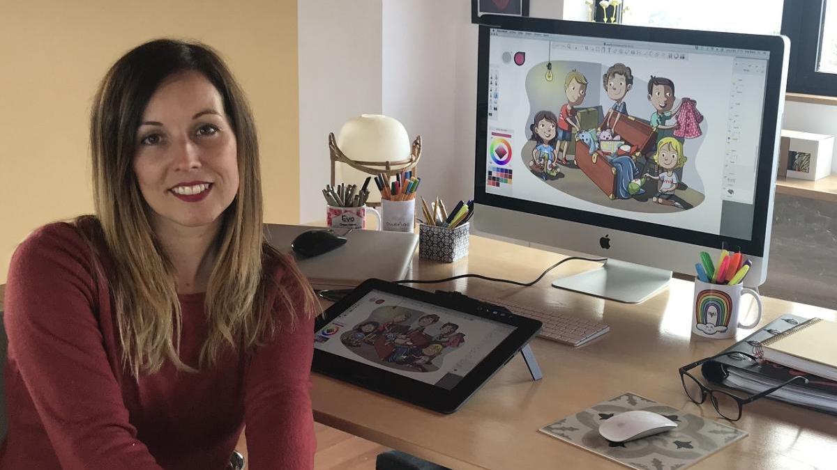 Eva Rami, en su estudio con una de las ilustraciones del libro.