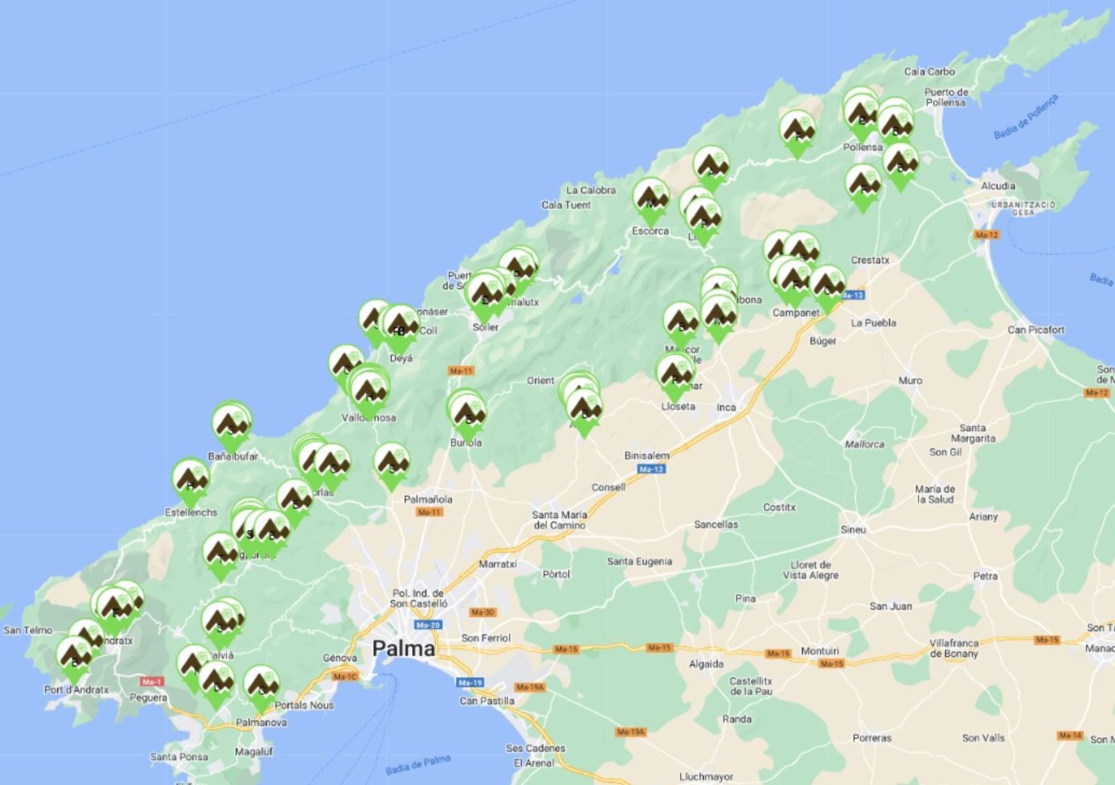 Die großzügig definierte Serra de Tramuntana und die Orte, in denen es lokale Erzeugnisse gibt.