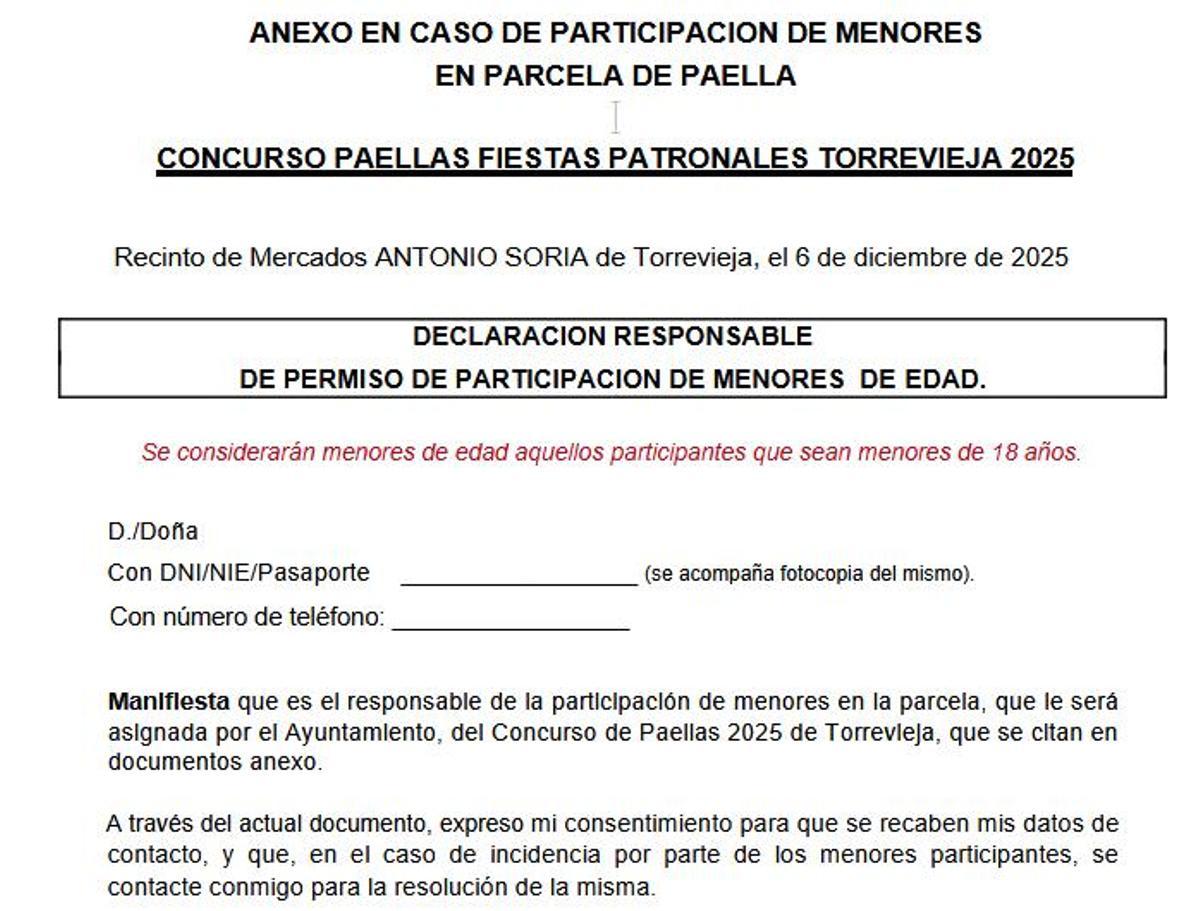 Extracto del formulario de autorización para acceso de menores a las parcelas