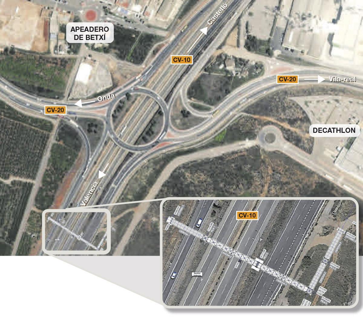 La zona donde se proyecta la pasarela metálica está situada en término de Onda, en la zona sur del enlace del apeadero de Betxí de la CV-10 con la CV-20. Los trabajos empezarán después del verano.