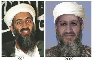 Imatge proporcionada pel departament d’Estat dels EUA i l’FBI en què es mostra una imatge real de Bin Laden i una altra en què, gràcies a la informàtica, es recrea la seva suposada imatge l’any 2009. 15 de gener del 2010.