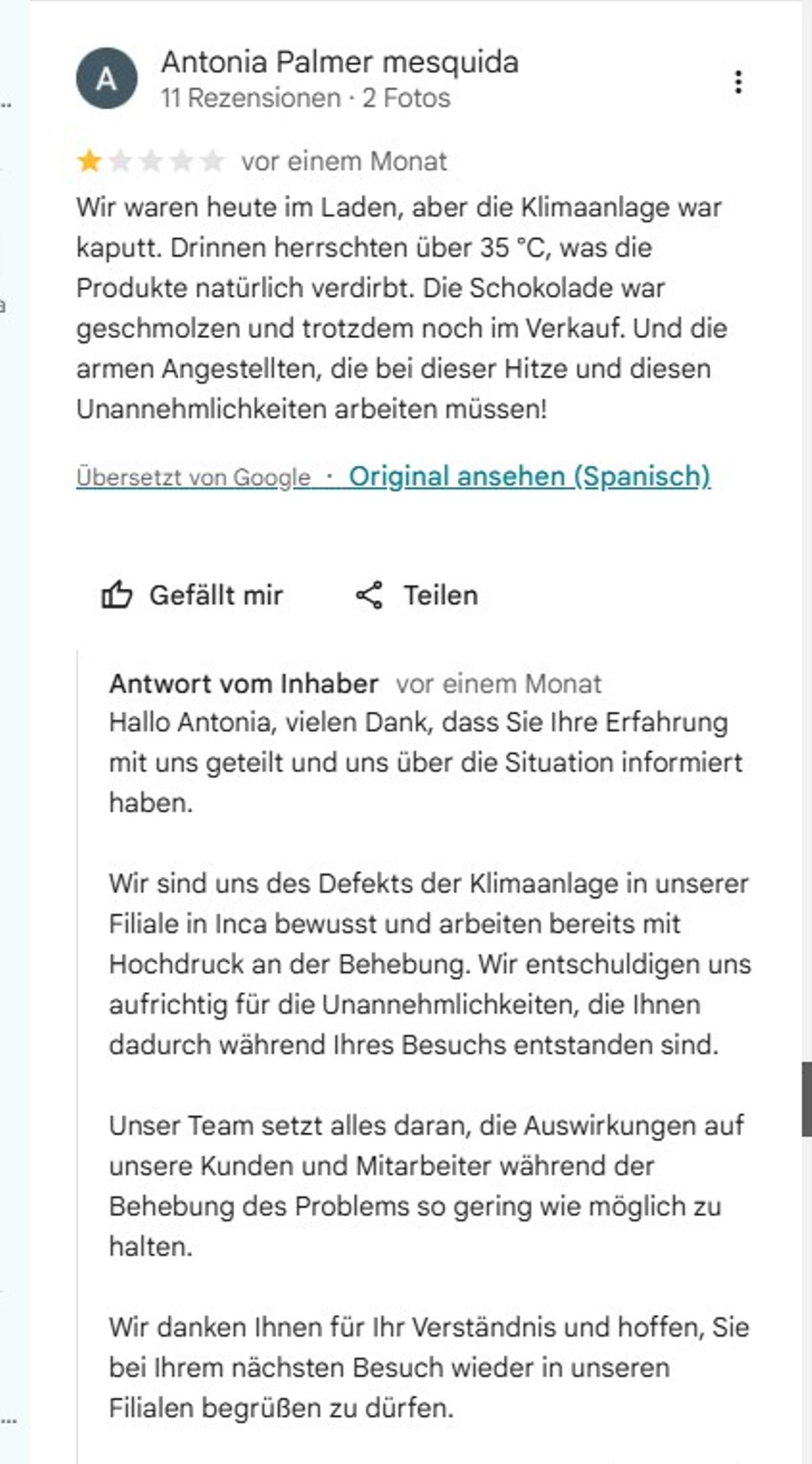 Einige der Kunden der Müller-Fiale in Inca haben sich bereits auf Google-Maps über die nicht funktionierende Klimaanlage beschwert.
