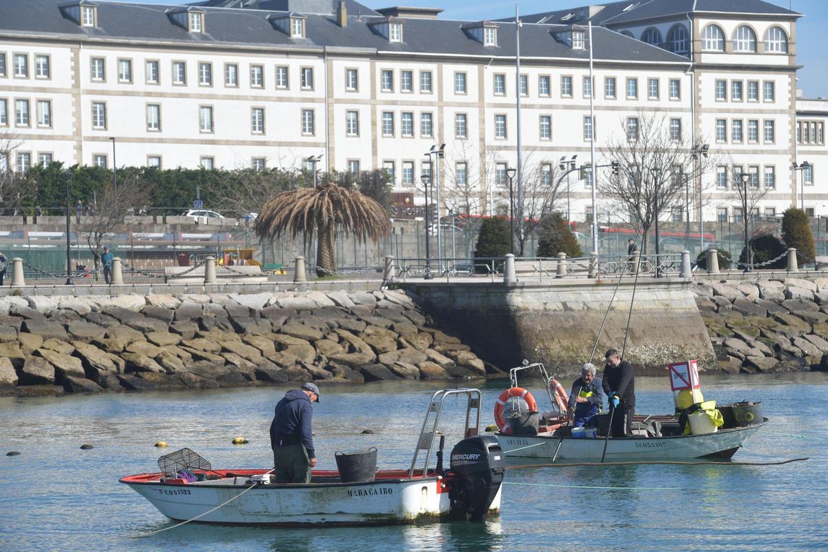 Mariscadores trabajando para extraer reloj en O Parrote, este lunes.