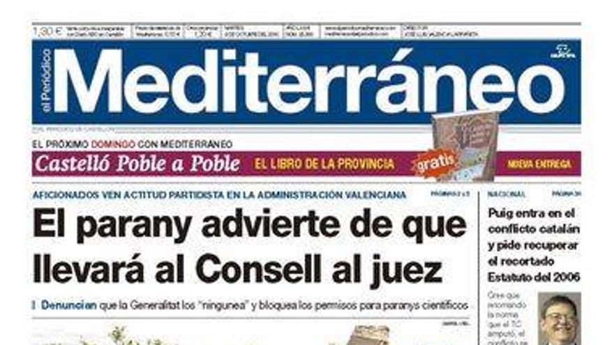 &#039;El parany advierte de que llevará al Consell al juez&#039;, en la portada de El Periódico Mediterráneo.