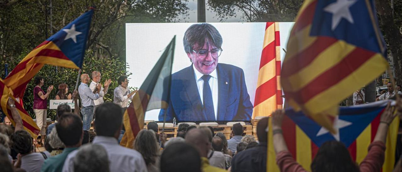 Carles Puigdemont, en el mitin de cierre de campaña de Junts el pasado 21 de julio.