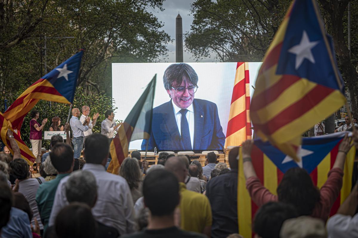 Carles Puigdemont, en el mitin de cierre de campaña de Junts el pasado 21 de julio.