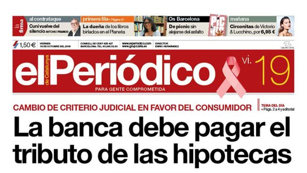 La portada de EL PERIÓDICO del 19 de octubre del 2018