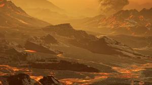 Representación artística de la superficie del planeta Su (Gliese 486b) a unos 430 °C, con un un paisaje similar al de Venus pero atravesado por flujos de lava resplandecientes.