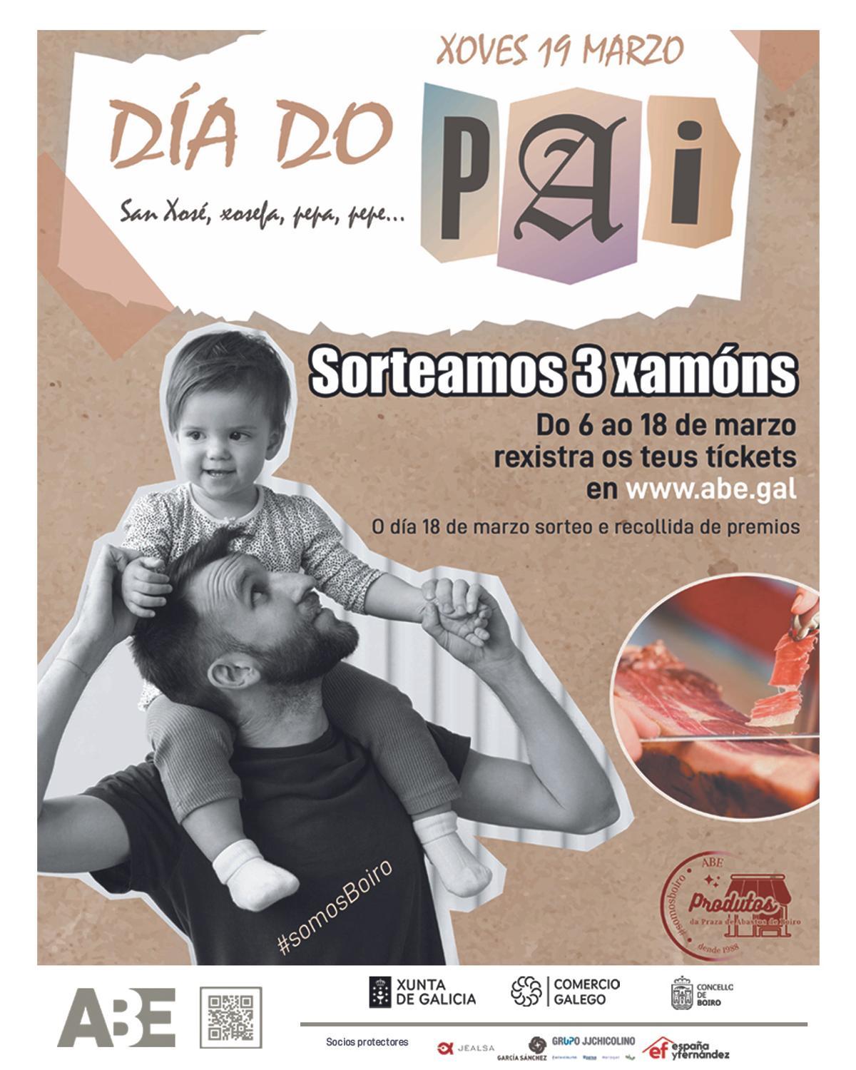 Cartel promocional da campaña do Día do Pai no comercio de Boiro.