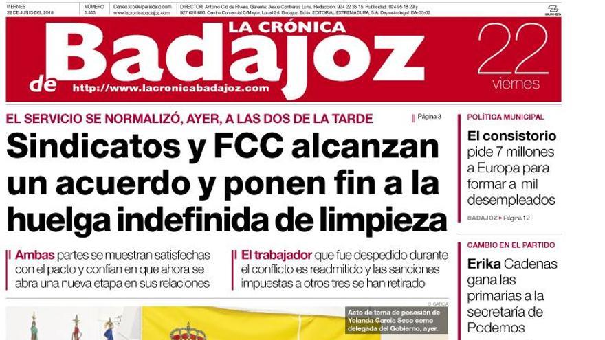 Esta es la portada de LA CRÓNICA DE BADAJOZ correspondiente al día 22 de junio del 2018