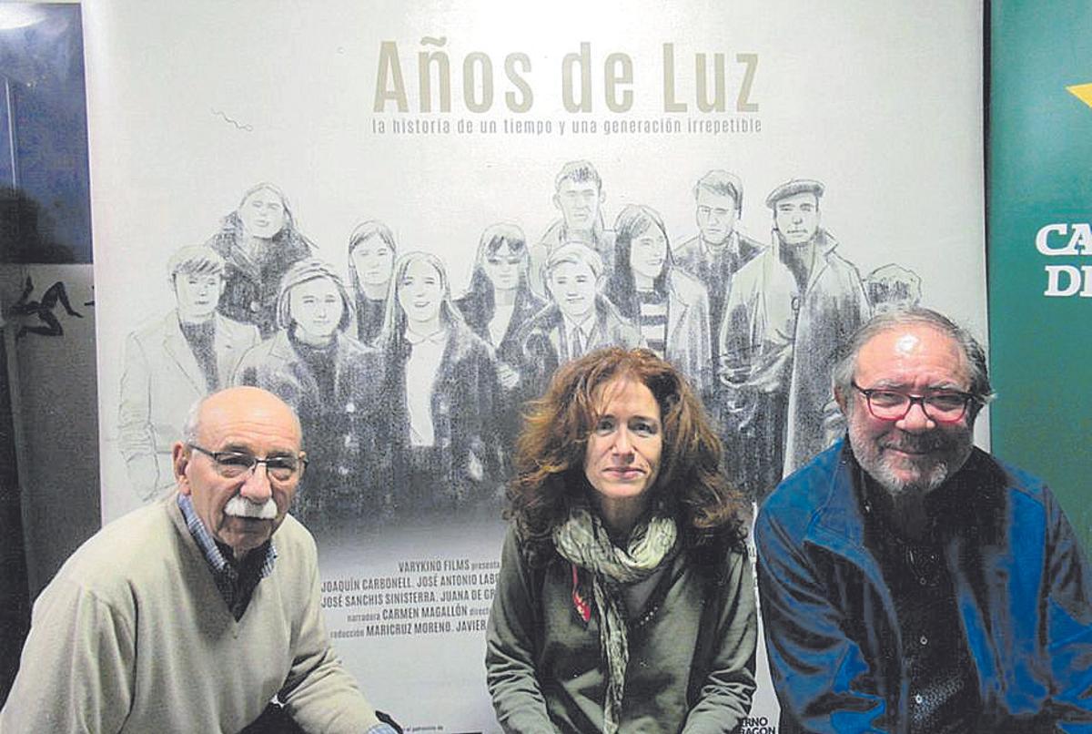 Pedro Luengo, Maricruz Moreno y Serafín Aldecoa, en el preestreno del documental en Teruel.
