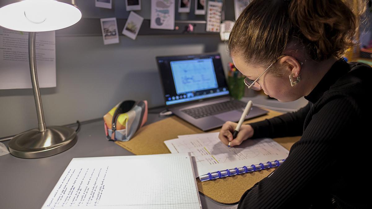 Una estudiante realiza sus tareas