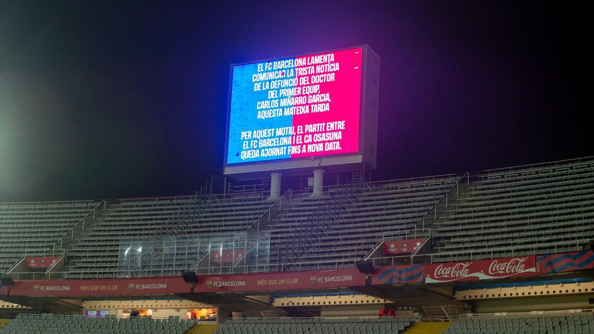 El marcado de Montjuïc en el que se anuncia el aplazamiento del Barça-Osasuna por la muerte del doctor Carles Miñarro.